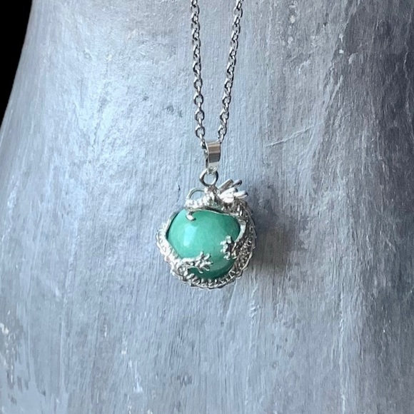 Green Aventurine Stone Silver Dragon Wrapped Ball Cylinder Faux Jade Necklace - Picture 7 of 8